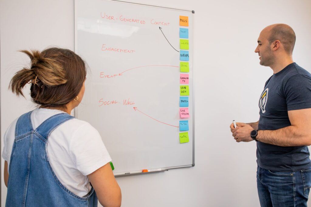Content marketing team mapping a content strategy on a whiteboard