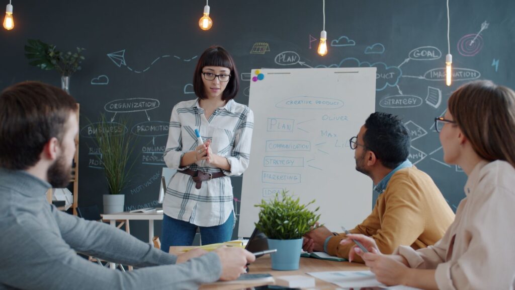 Team choosing Google Ads campaign types on a whiteboard