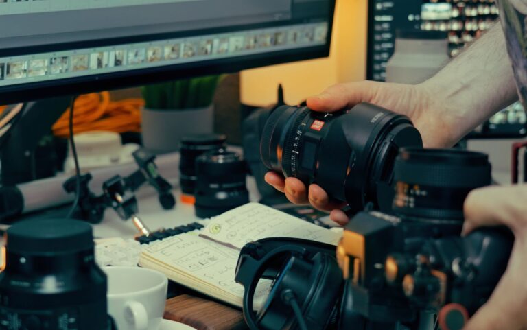 Video creator at a desk with a laptop and camera, setting up a YouTube A/B testing experiment for titles and thumbnails